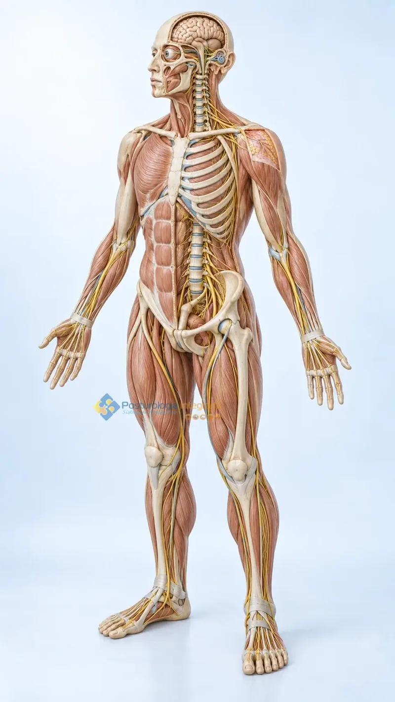 Representação de corpo inteiro dos sistemas relacionados ao controle postural, com marca d'água Posturologia Integrada
