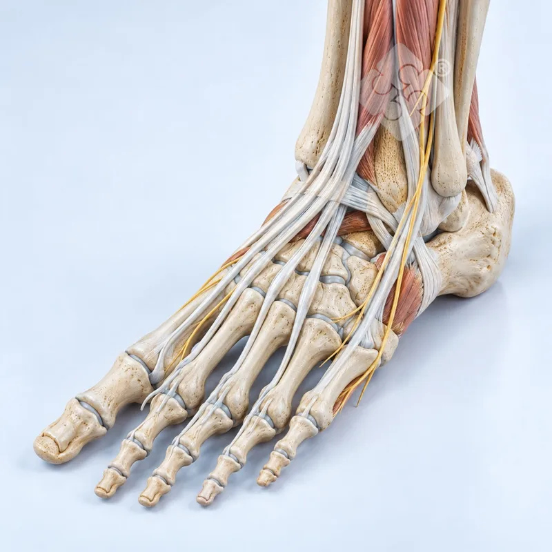 Modelo anatômico do pé com tendões, ligamentos e nervos